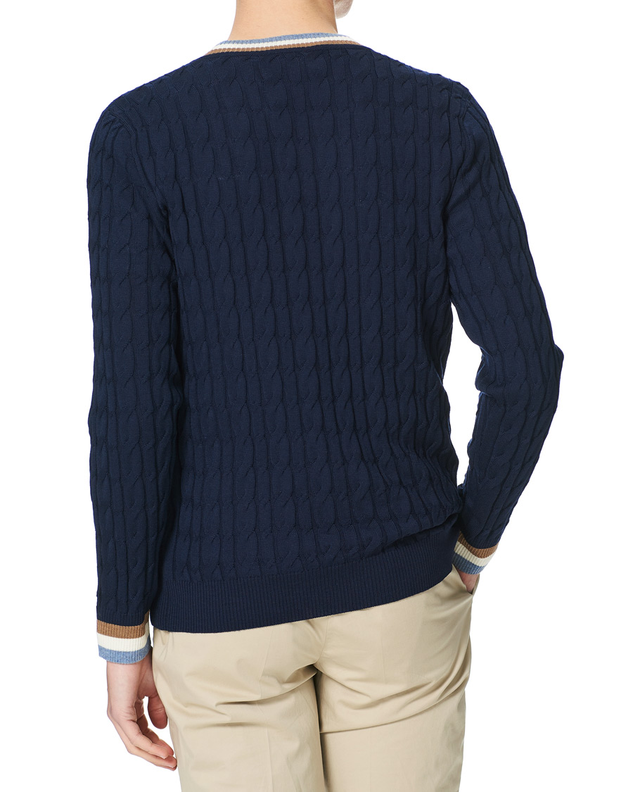 Men | Sweaters & Knitwear | Stenströms | Contast Merino Cable V-Neck Navy