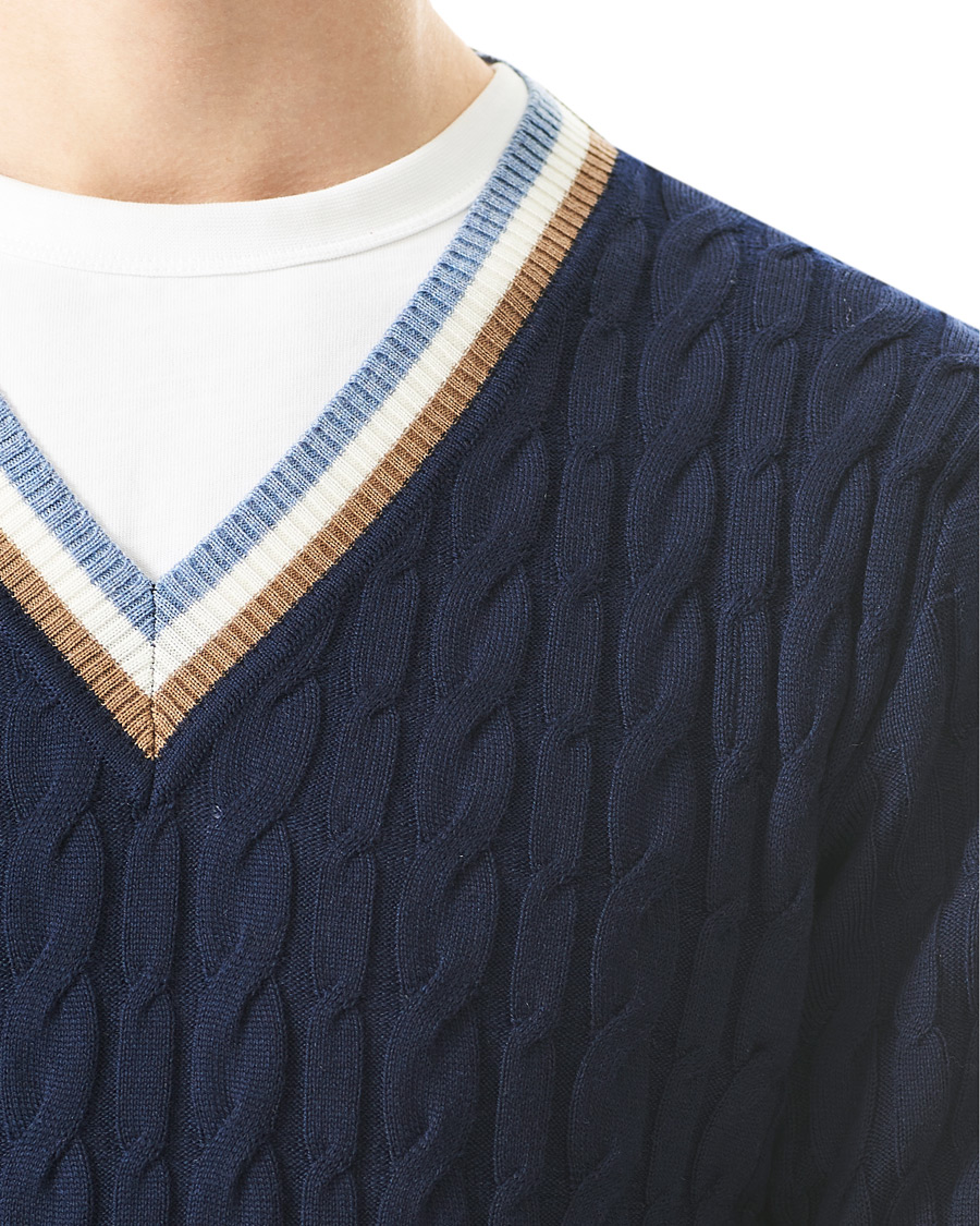 Men | Sweaters & Knitwear | Stenströms | Contast Merino Cable V-Neck Navy