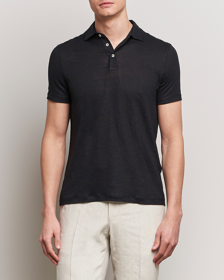 Men | Short Sleeve Polo Shirts | Stenströms | Linen Polo Shirt Black