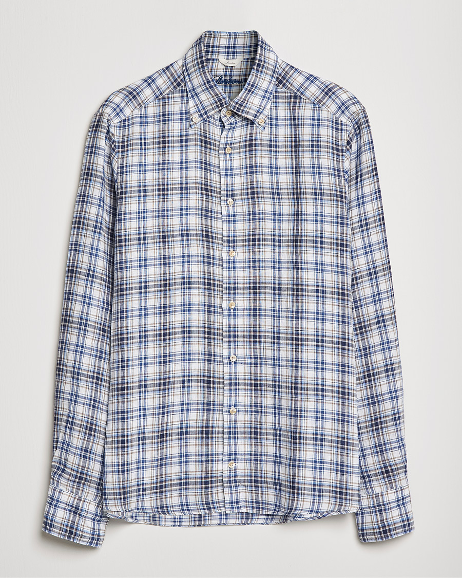 Men |  | Stenströms | Slimline Cut Away Checked Linen Shirt Blue/Beige