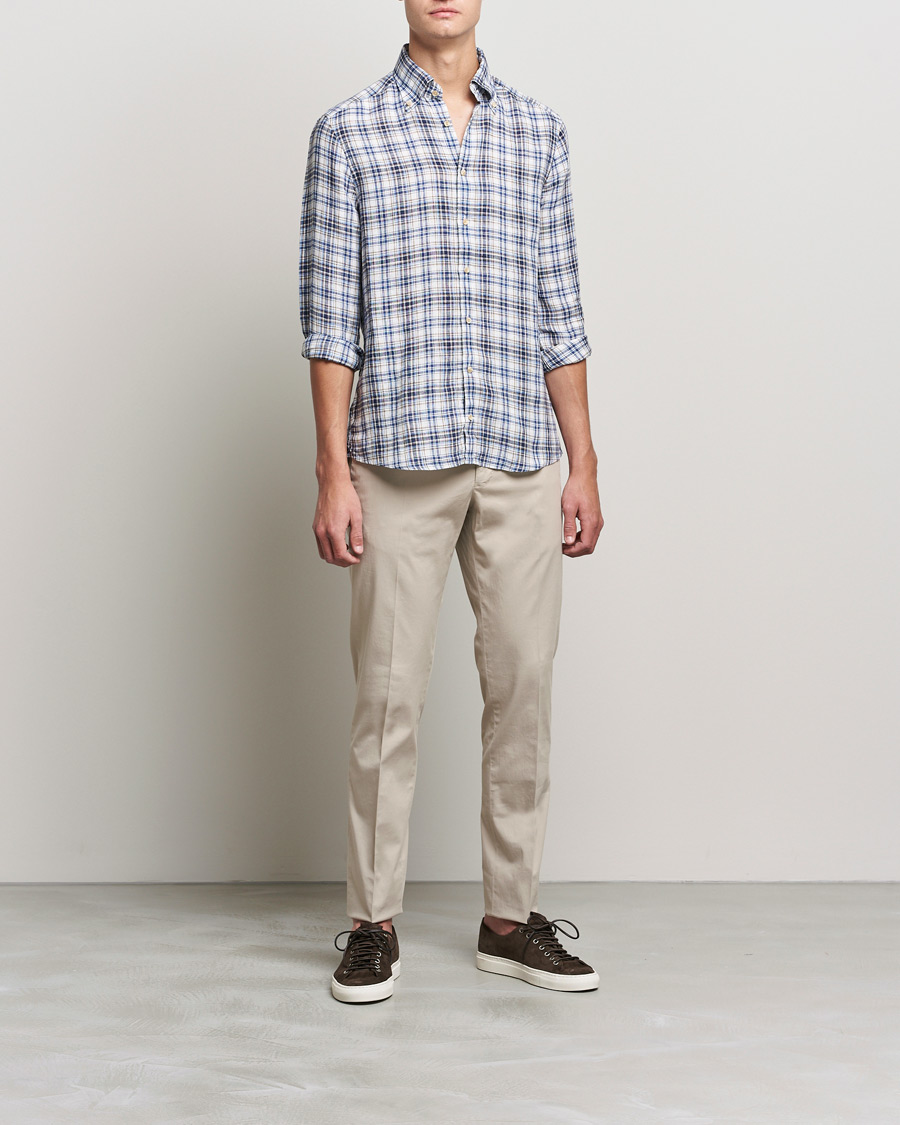 Men | Shirts | Stenströms | Slimline Cut Away Checked Linen Shirt Blue/Beige