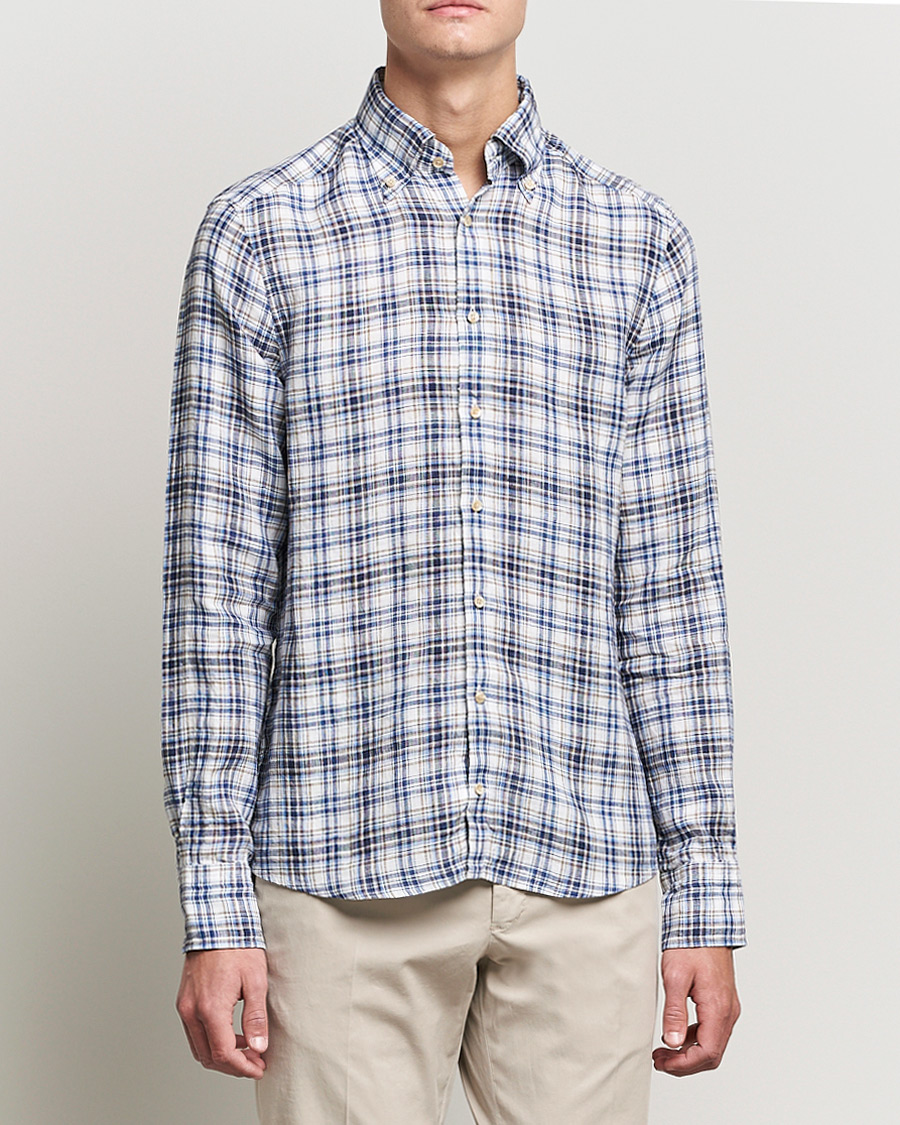 Men | Shirts | Stenströms | Slimline Cut Away Checked Linen Shirt Blue/Beige
