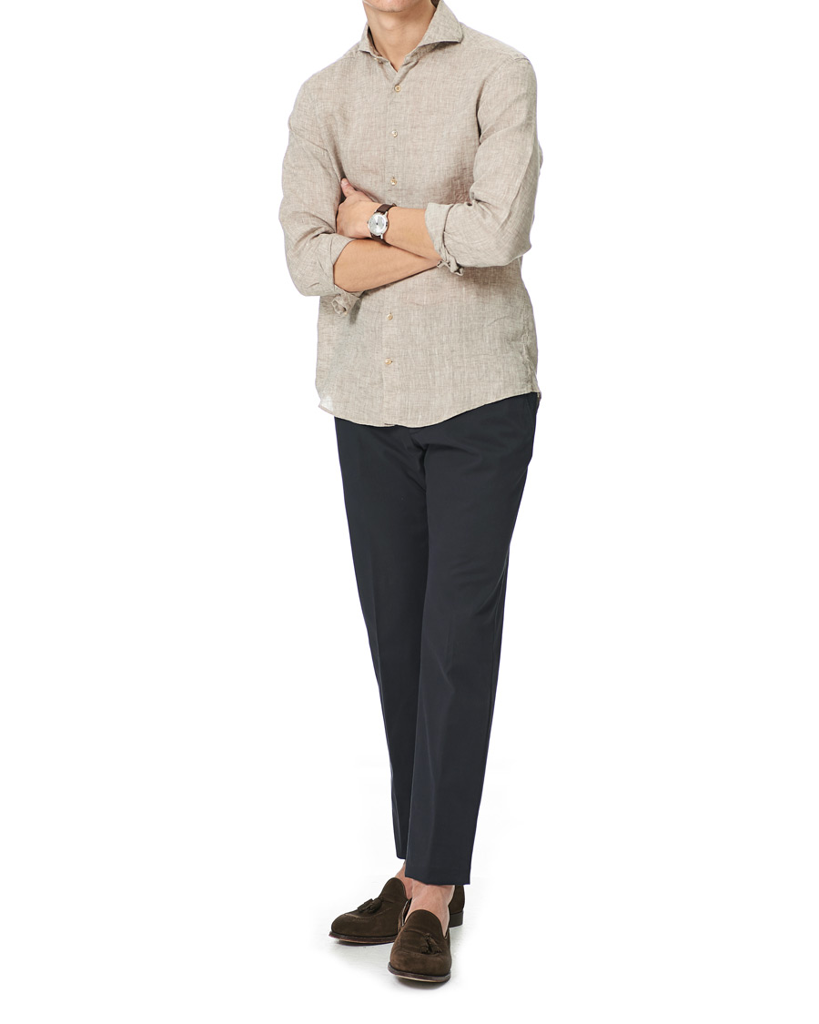 Men | Shirts | Stenströms | Slimline Cut Away Linen Shirt Taupe