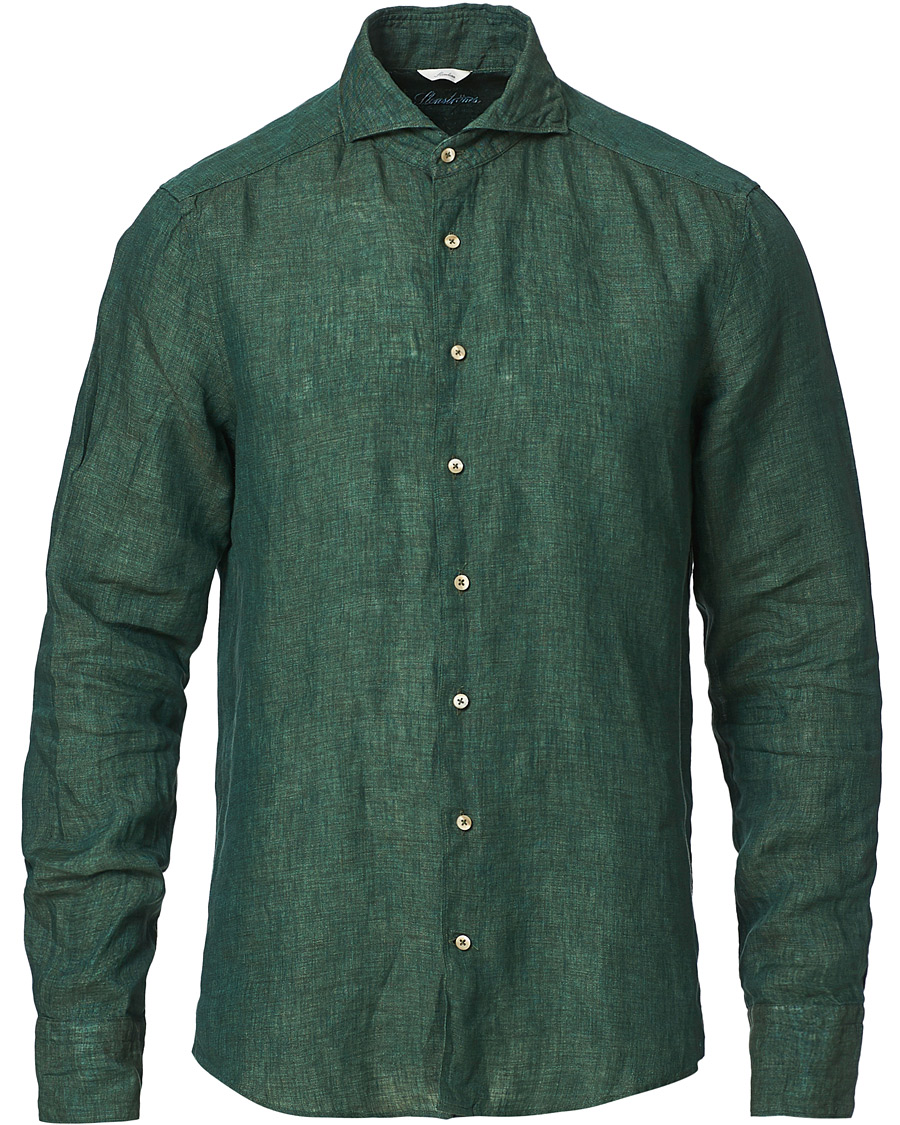 Men | Shirts | Stenströms | Slimline Cut Away Linen Shirt Dark Green