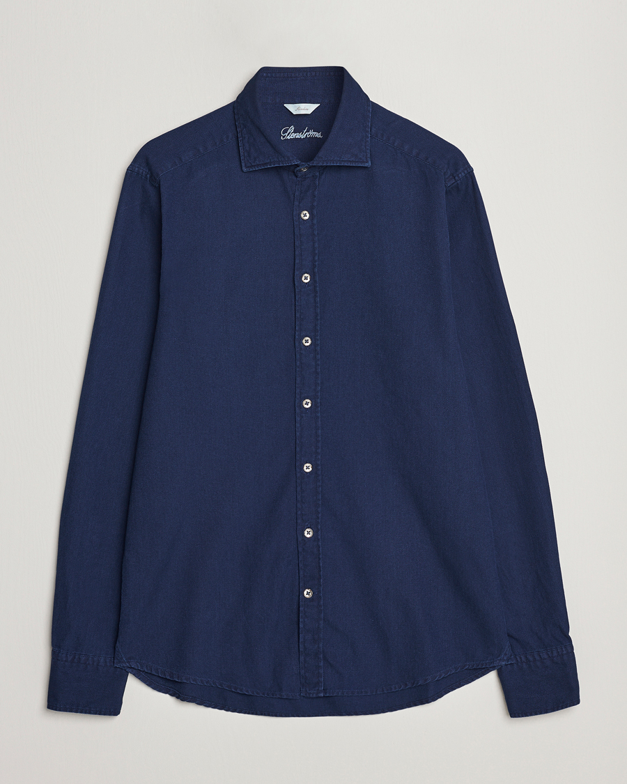 Men |  | Stenströms | Slimline Washed Structured Denim Shirt Indigo Blue