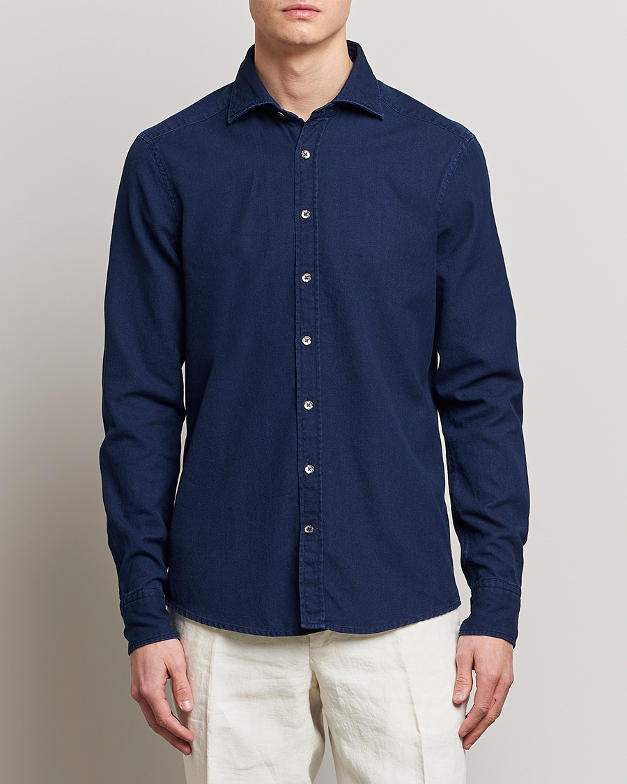 Men | Denim Shirts | Stenströms | Slimline Washed Structured Denim Shirt Indigo Blue