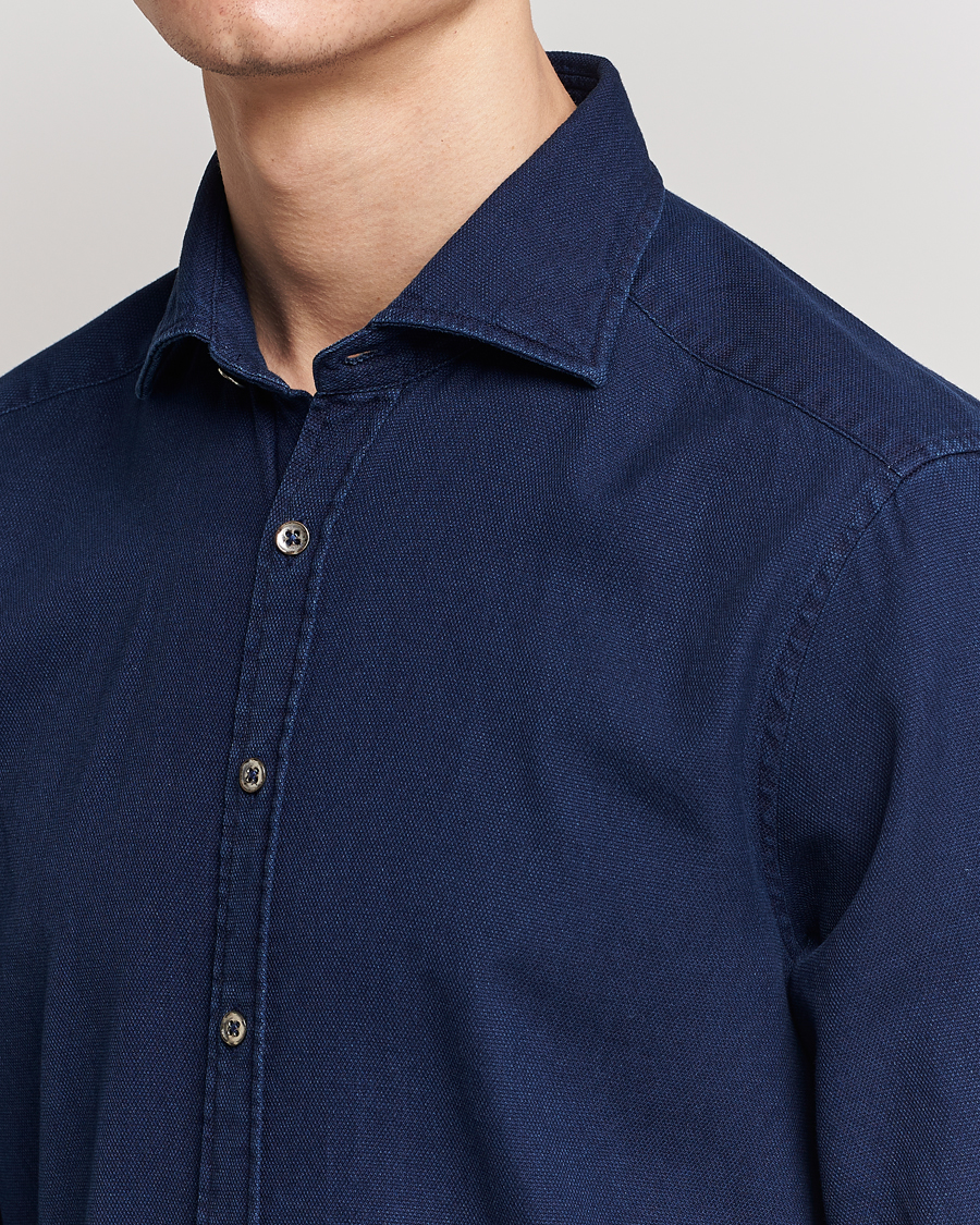 Men | Shirts | Stenströms | Slimline Washed Structured Denim Shirt Indigo Blue