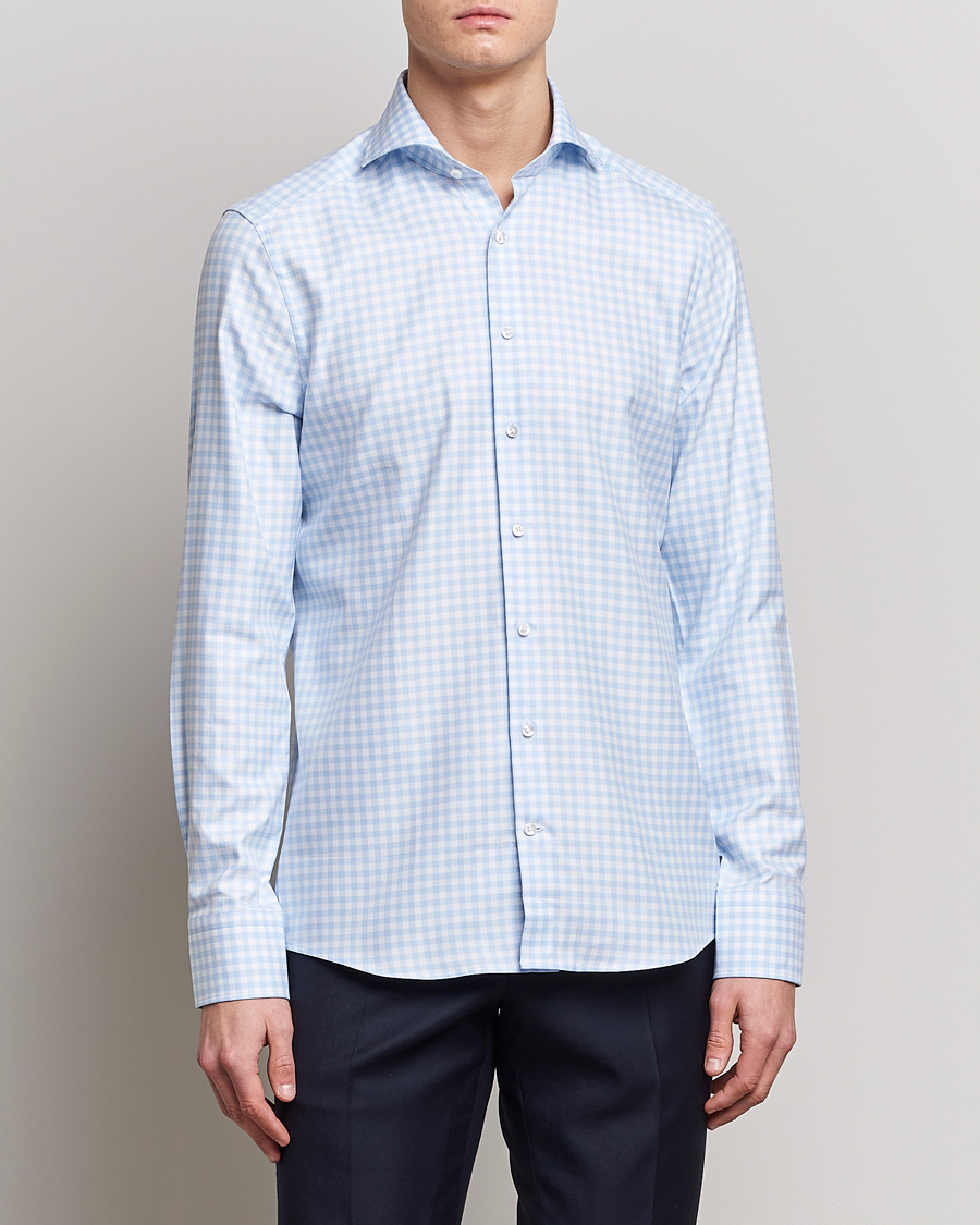 Men | Shirts | Stenströms | Slimline Checked Cut Away Shirt Light Blue