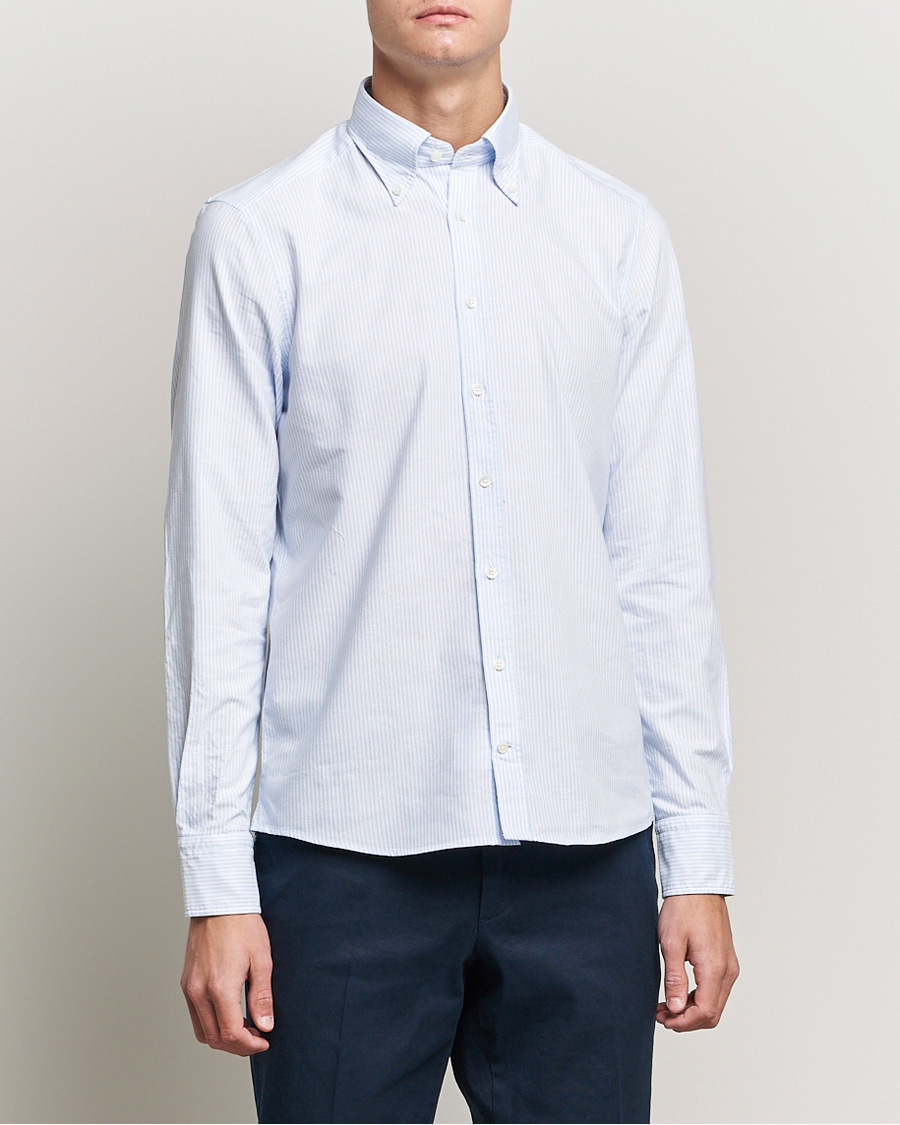 Men |  | Stenströms | Slimline Washed Striped Oxford Shirt Light Blue