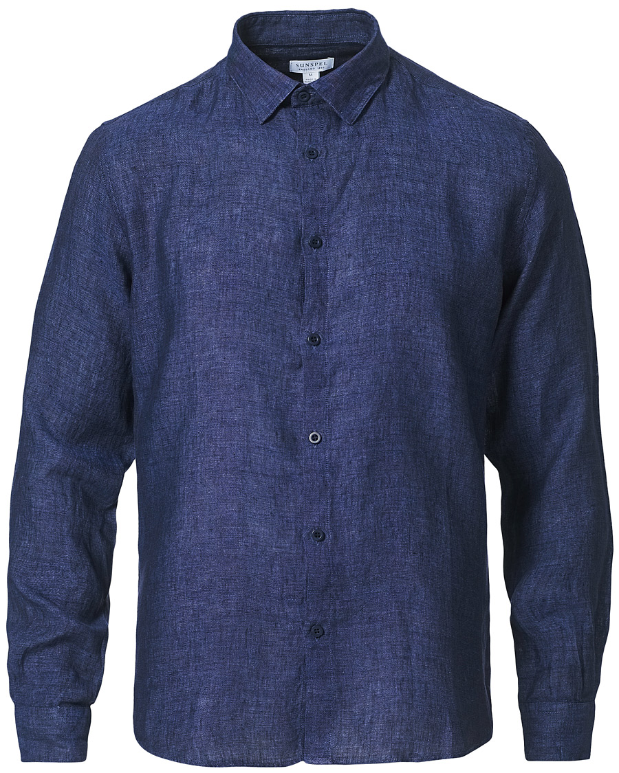 Men | Shirts | Sunspel | Linen Casual Shirt Navy Melange