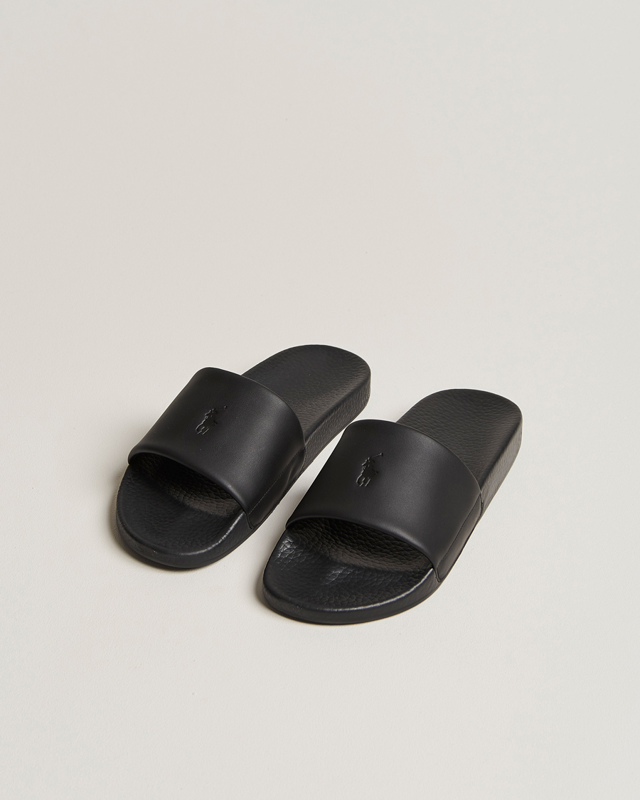 Men | Shoes | Polo Ralph Lauren | Leather Logo Slides Black