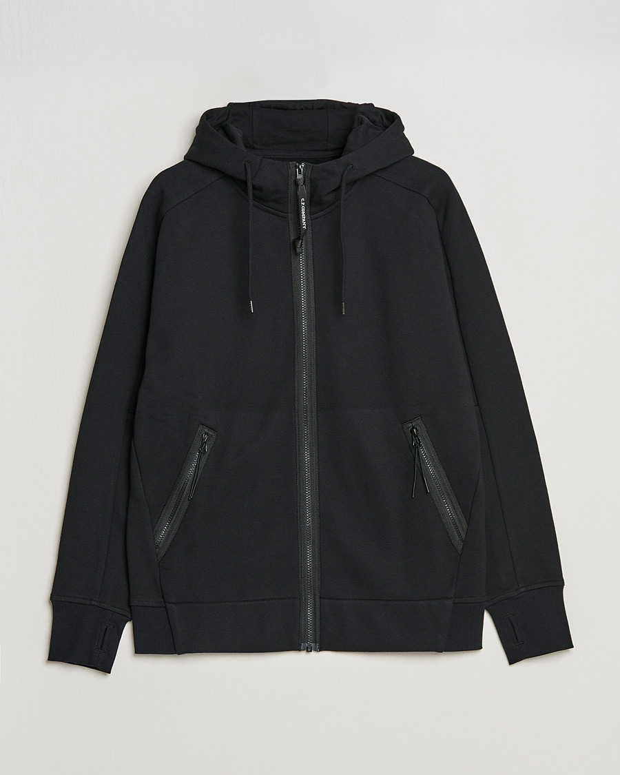Men | Sweaters & Knitwear | C.P. Company | Diagonal Raised Fleece Full Zip Goggle Hoodie Black