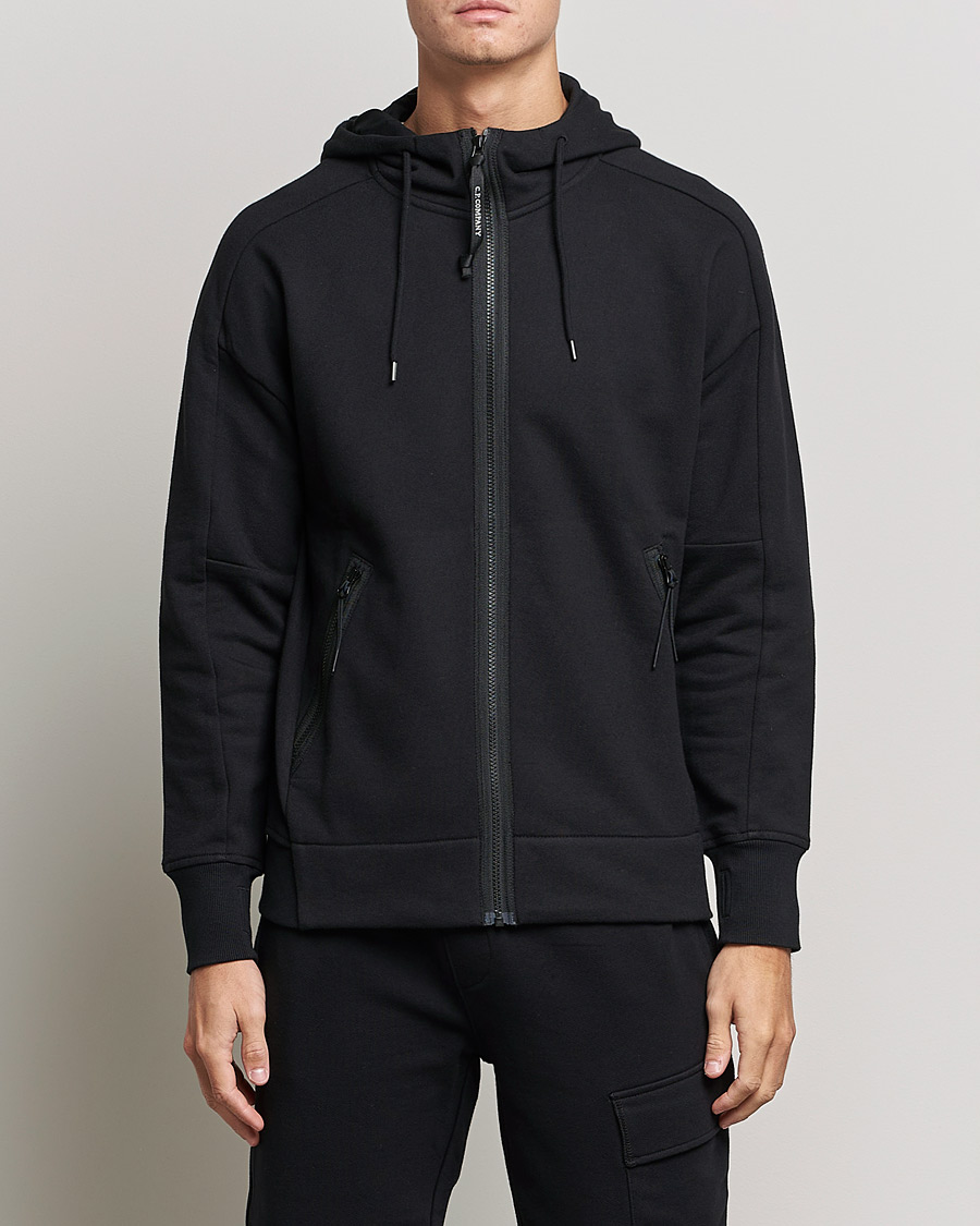 Men | Sweaters & Knitwear | C.P. Company | Diagonal Raised Fleece Full Zip Goggle Hoodie Black