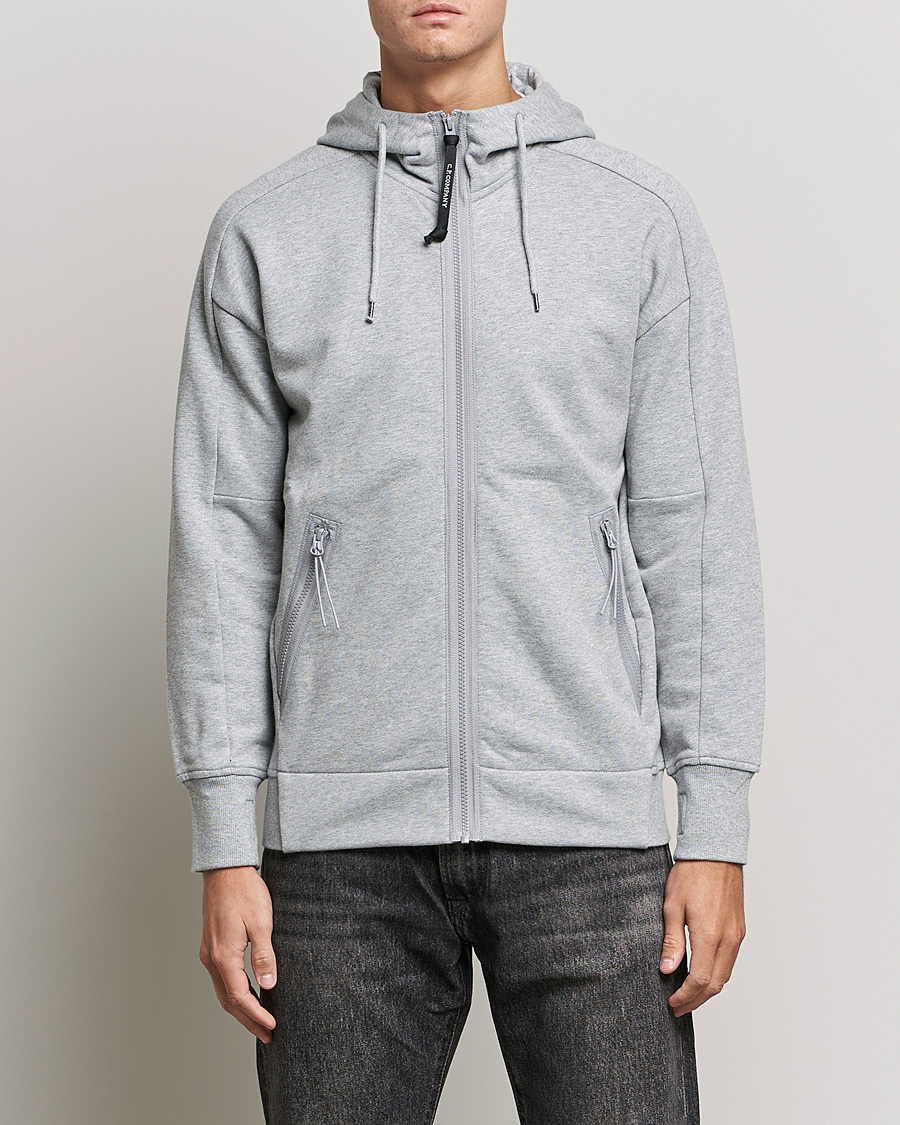 Men | Sweaters & Knitwear | C.P. Company | Diagonal Raised Fleece Full Zip Goggle Hoodie Grey