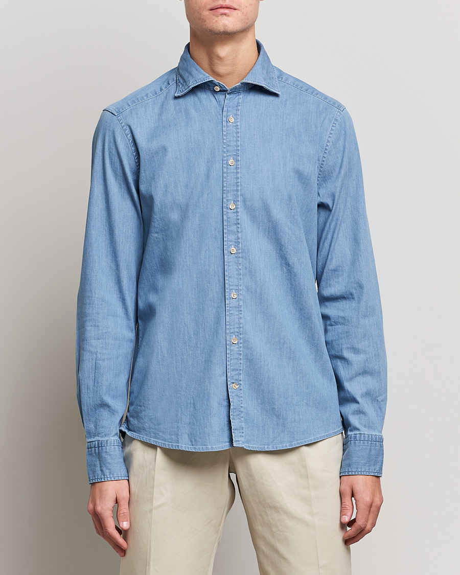 Men | Shirts | Stenströms | Slimline Garment Washed Shirt Light Denim