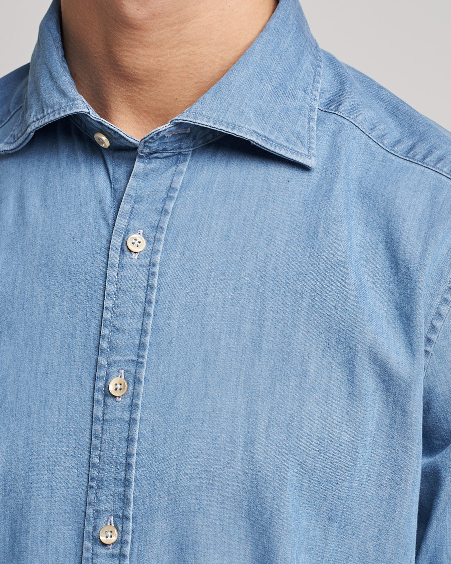Men | Shirts | Stenströms | Slimline Garment Washed Shirt Light Denim