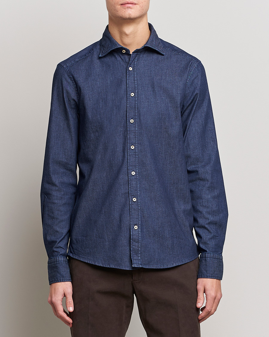 Men | Denim Shirts | Stenströms | Slimline Garment Washed Shirt Dark Denim