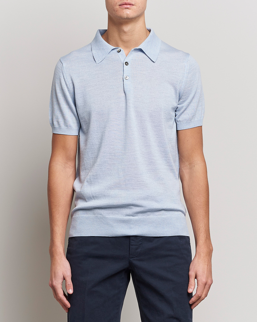 Men | Knitted Polo Shirts | Morris Heritage | Short Sleeve Knitted Polo Shirt Blue