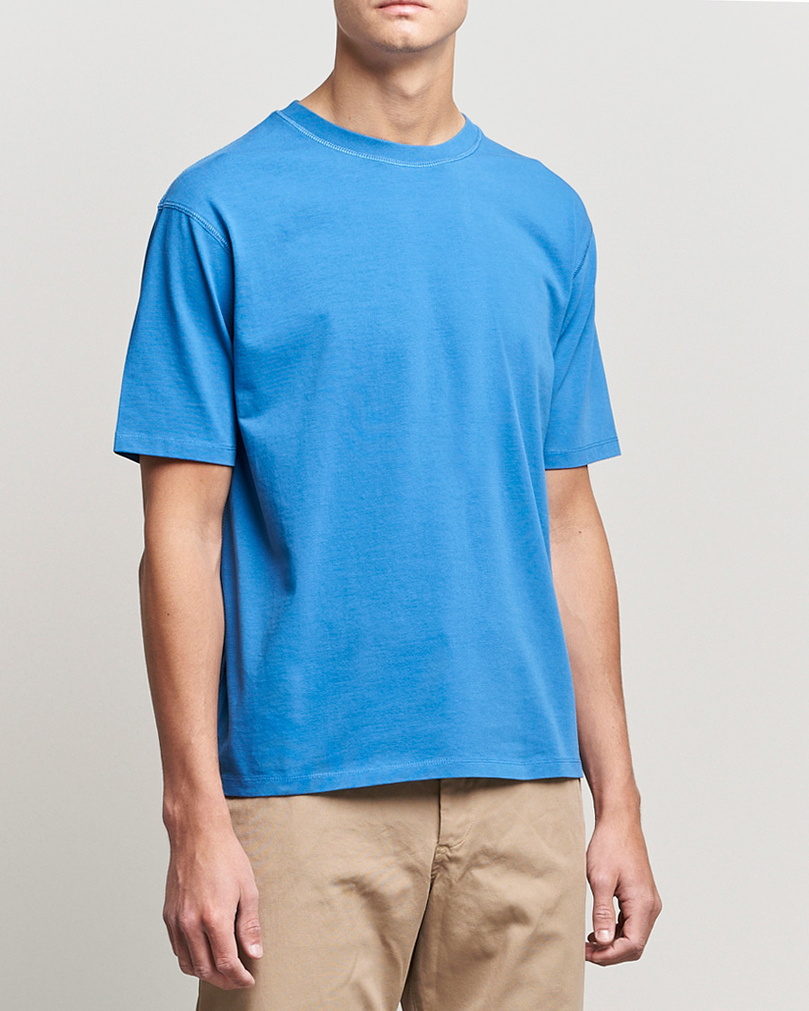 Men | T-Shirts | Drake's | Cotton Hiking Tee Blue