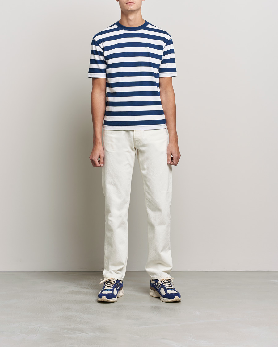 Men | T-Shirts | Drake's | Striped Cotton Hiking Tee White/Navy