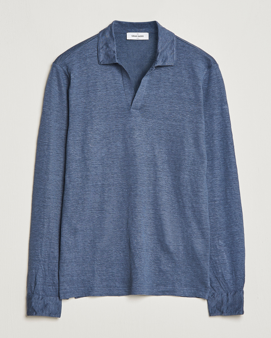 Men | Sweaters & Knitwear | Gran Sasso | Washed Linen Long Sleeve Polo Blue Melange