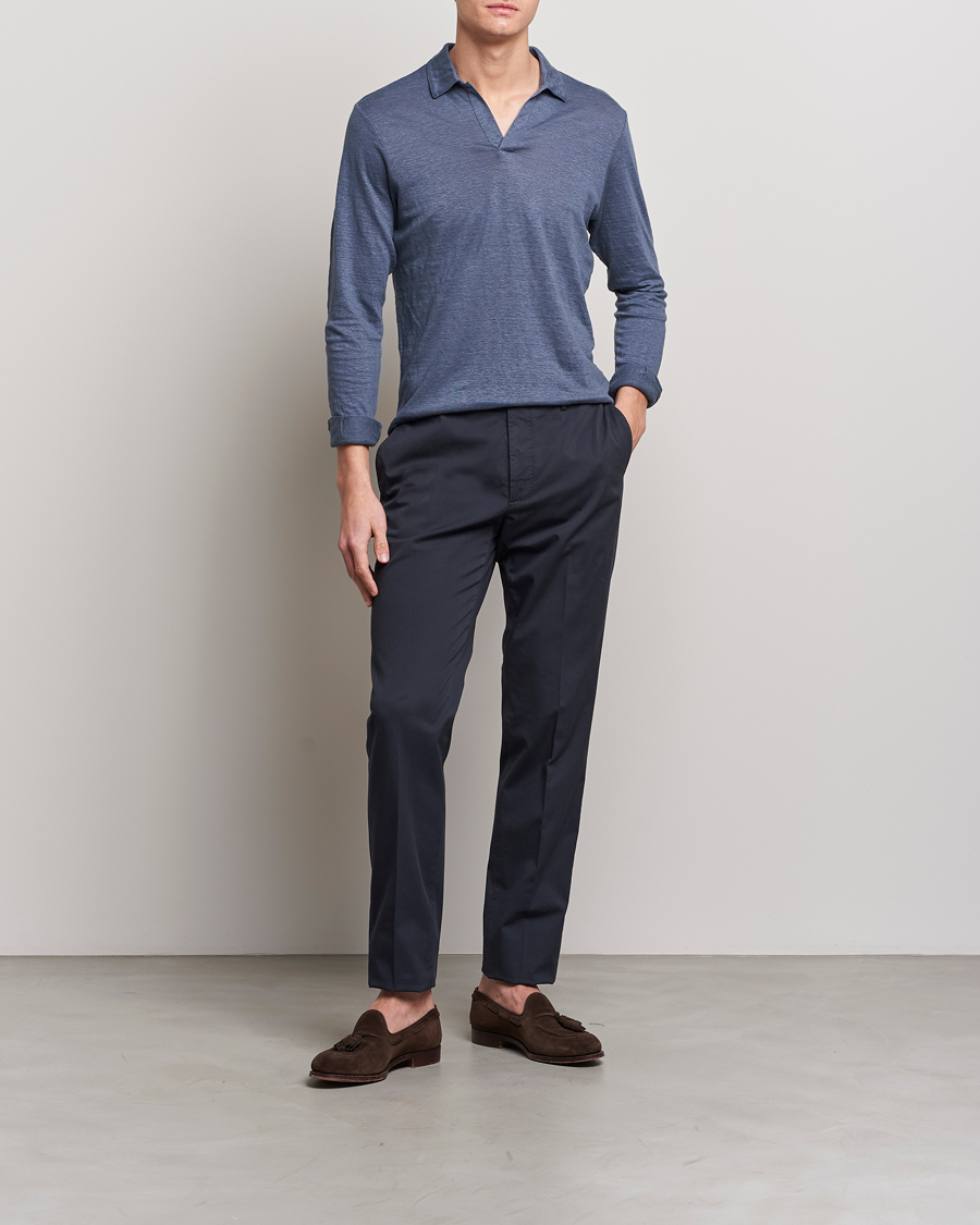 Men | Sweaters & Knitwear | Gran Sasso | Washed Linen Long Sleeve Polo Blue Melange