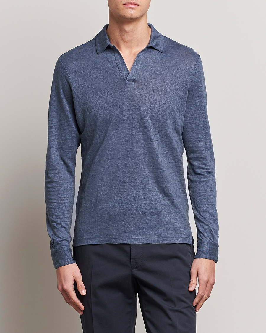 Men | Long Sleeve Polo Shirts | Gran Sasso | Washed Linen Long Sleeve Polo Blue Melange