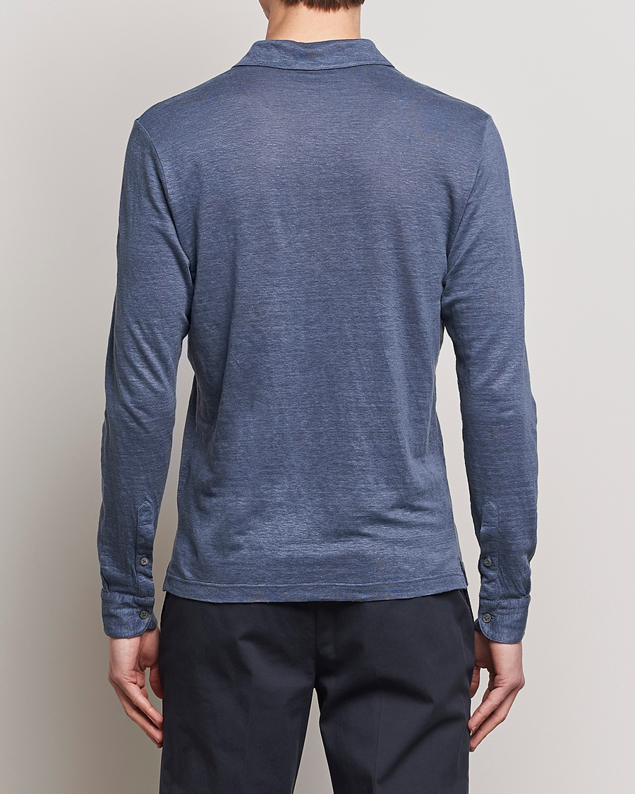 Men | Sweaters & Knitwear | Gran Sasso | Washed Linen Long Sleeve Polo Blue Melange