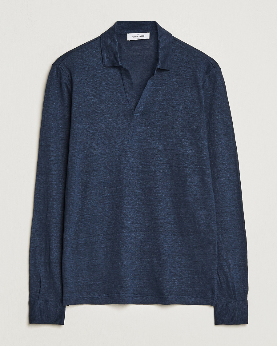 Men | Polo Shirts | Gran Sasso | Washed Linen Long Sleeve Polo Navy Melange