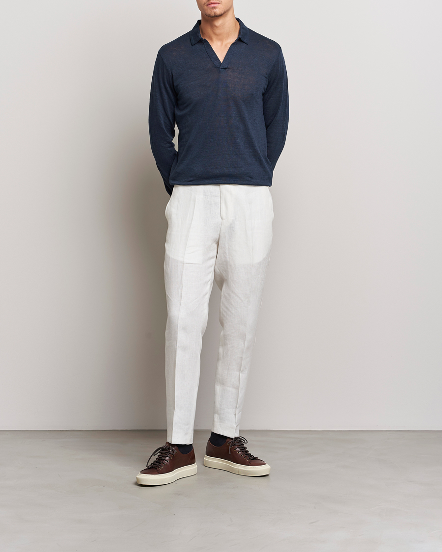 Men | Polo Shirts | Gran Sasso | Washed Linen Long Sleeve Polo Navy Melange