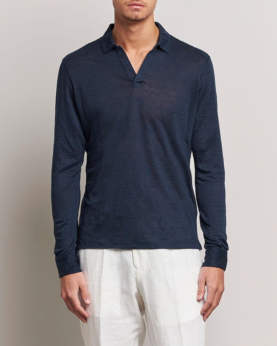 Men | Long Sleeve Polo Shirts | Gran Sasso | Washed Linen Long Sleeve Polo Navy