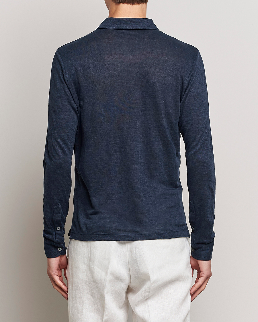 Men | Polo Shirts | Gran Sasso | Washed Linen Long Sleeve Polo Navy Melange