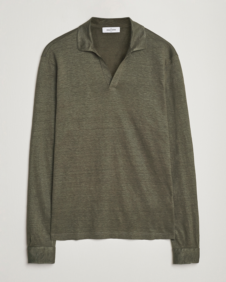 Men | Sweaters & Knitwear | Gran Sasso | Washed Linen Long Sleeve Polo Dark Green