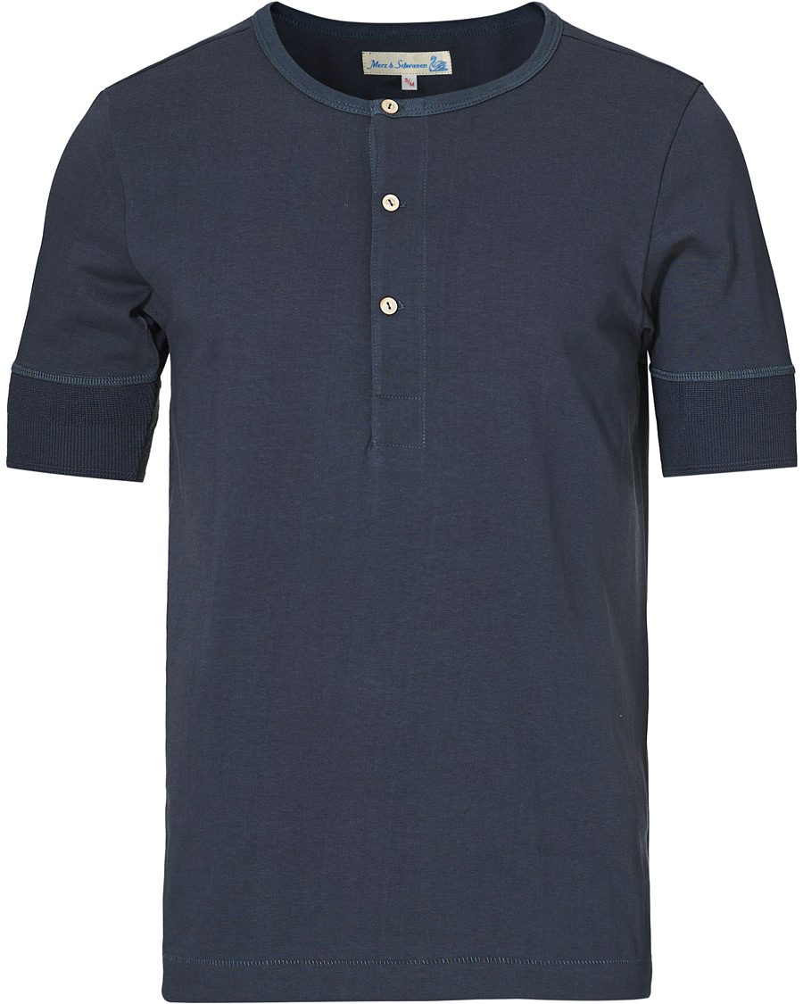 Men | T-Shirts | Merz b. Schwanen | Short Sleeve Organic Cotton Henley Navy