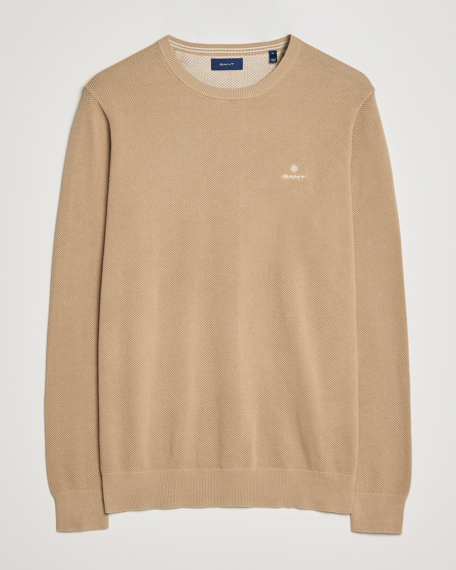 Men | Sweaters & Knitwear | GANT | Cotton Pique Crew Neck Pullover Dark Khaki