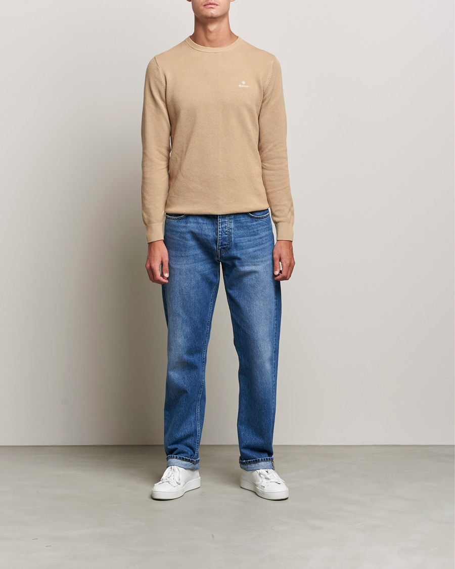 Men | Sweaters & Knitwear | GANT | Cotton Pique Crew Neck Pullover Dark Khaki