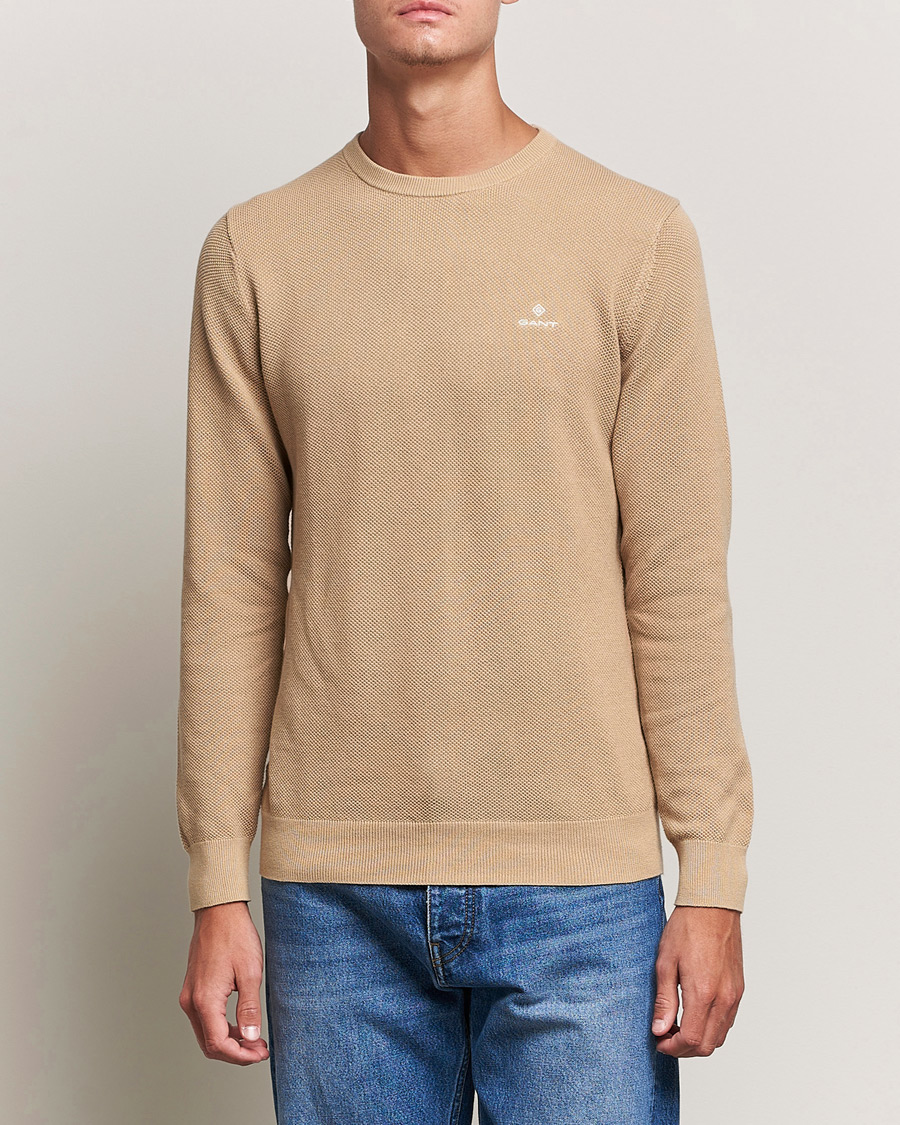 Men | Sweaters & Knitwear | GANT | Cotton Pique Crew Neck Pullover Dark Khaki