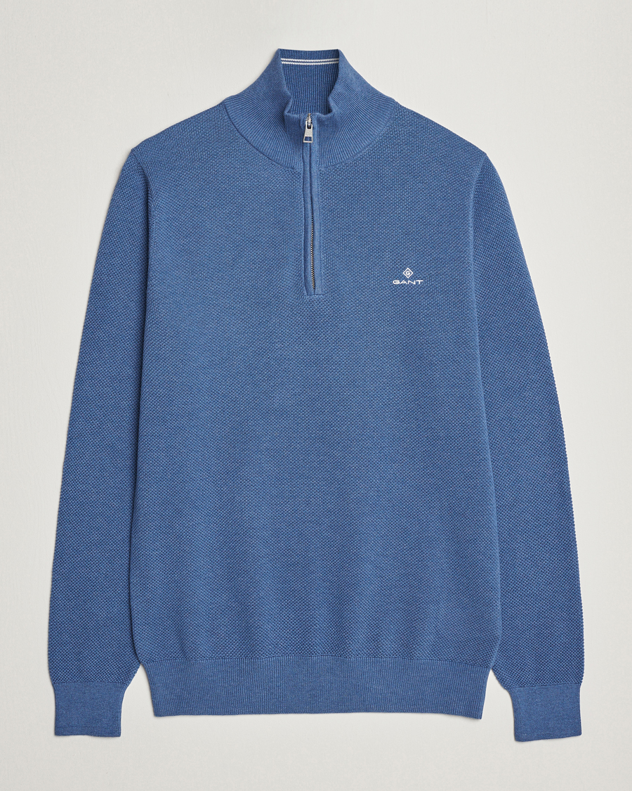 Men | Sweaters & Knitwear | GANT | Cotton Pique Half-Zip Sweater Denim Blue Melange