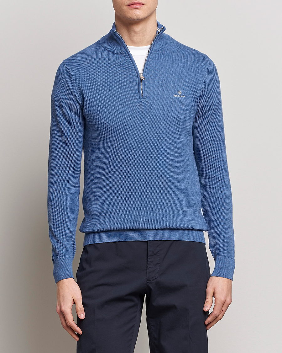 Men |  | GANT | Cotton Pique Half-Zip Sweater Denim Blue Melange