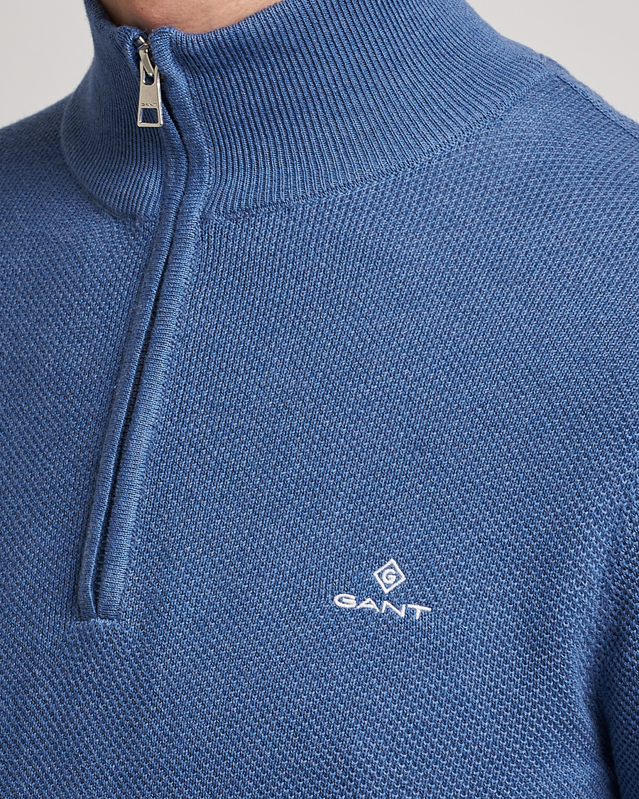 Men | Sweaters & Knitwear | GANT | Cotton Pique Half-Zip Sweater Denim Blue Melange