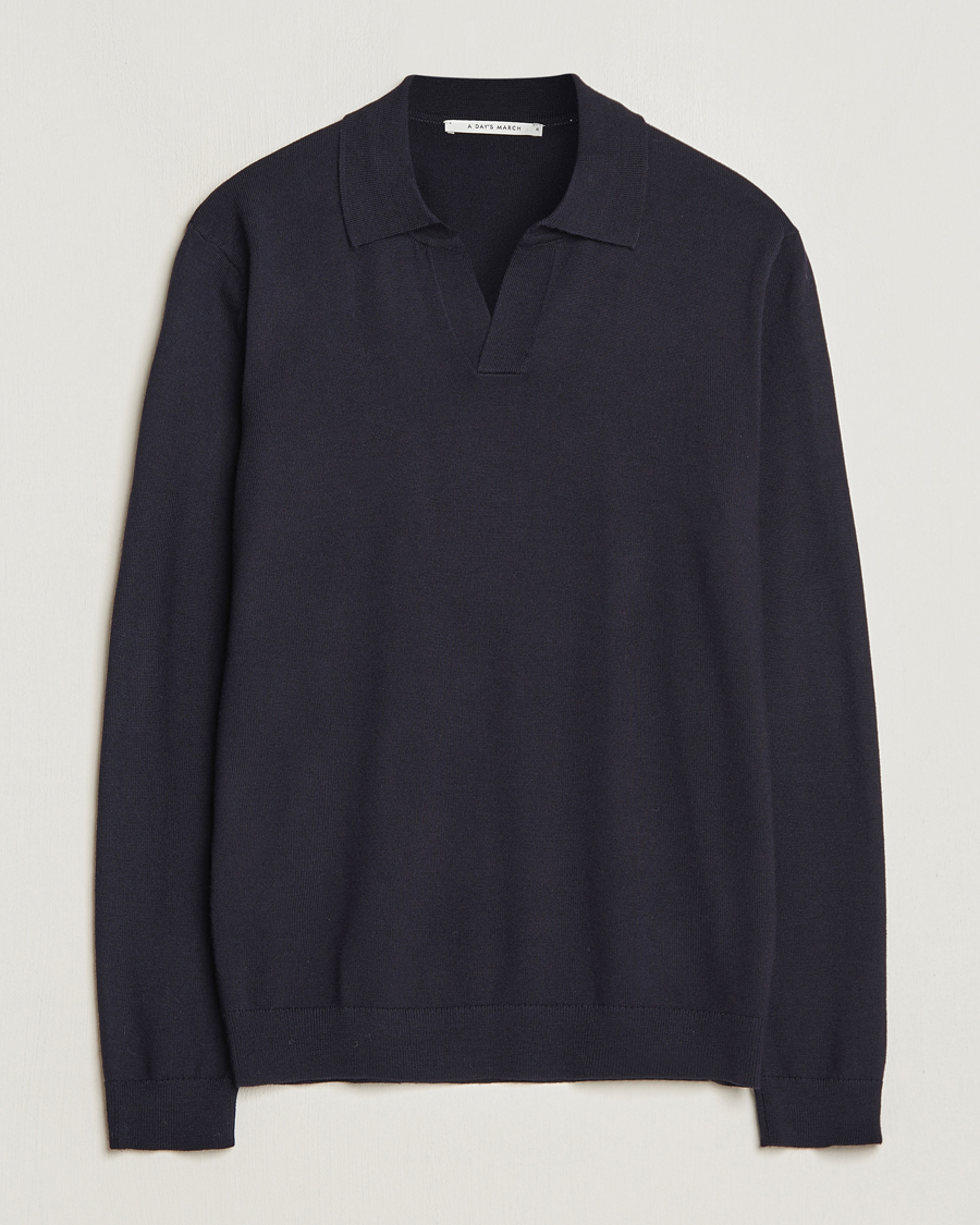 Men | Sweaters & Knitwear | A Day's March | Manol Open Collar Merino Polo Navy