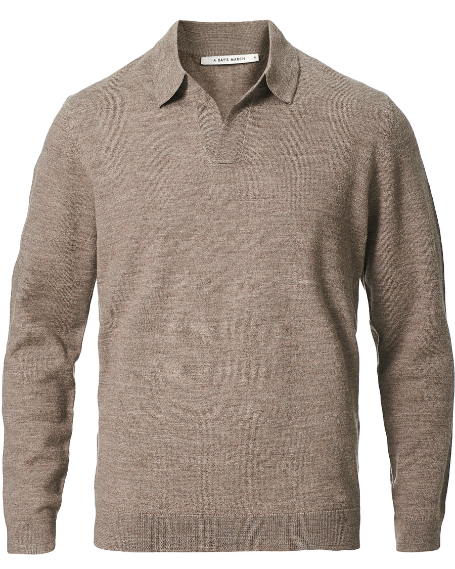 Men | Knitted Polo Shirts | A Day's March | Manol Open Collar Merino Polo Taupe Melange