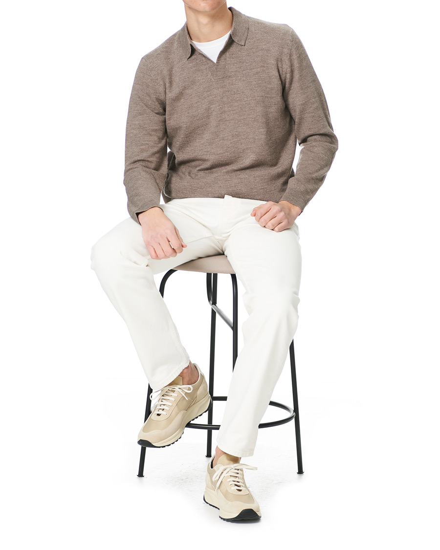 Men | Gifts | A Day's March | Manol Open Collar Merino Polo Taupe Melange