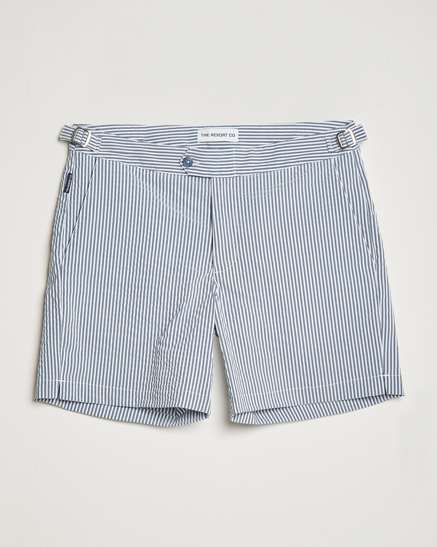 Men | Swimwear | The Resort Co | Tailored Swim Shorts Navy Stripe Seersucker