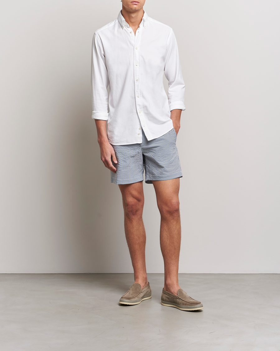Men | Swimwear | The Resort Co | Tailored Swim Shorts Navy Stripe Seersucker