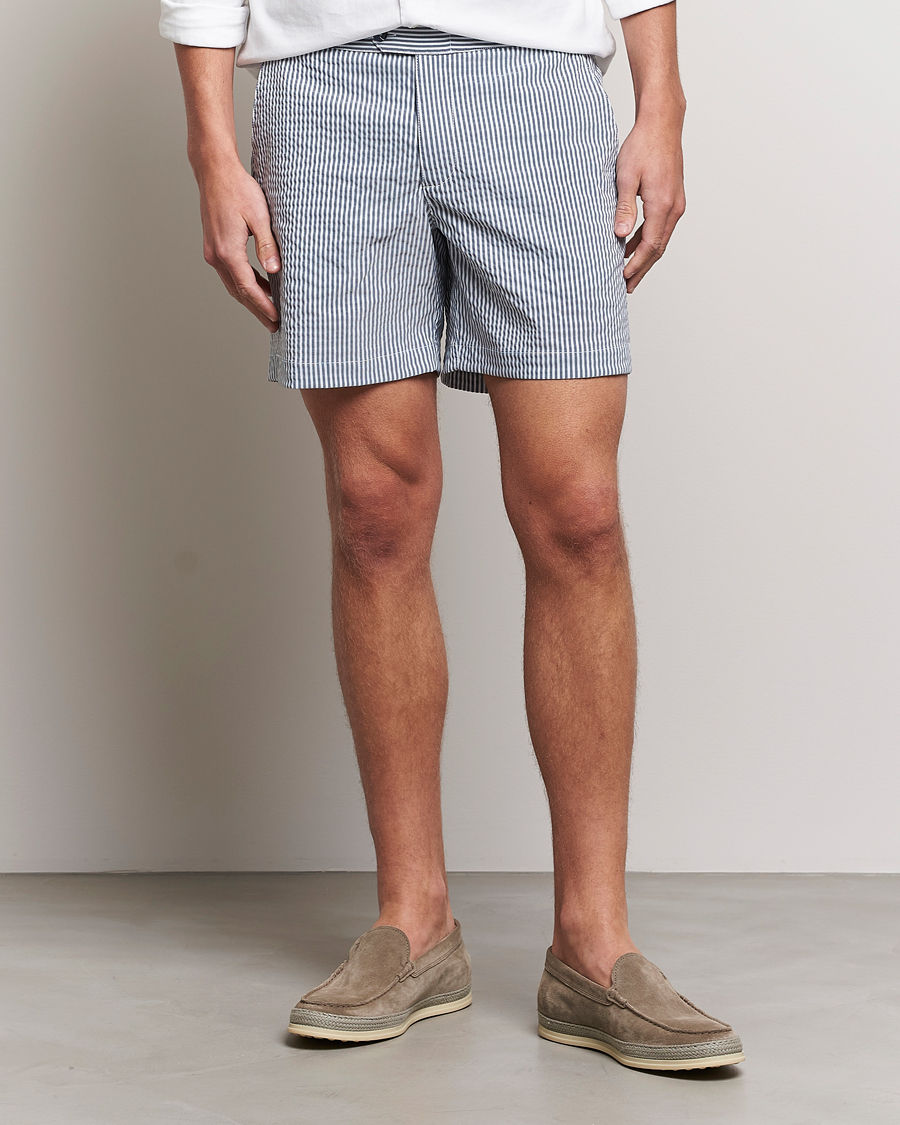 Men | Swimwear | The Resort Co | Tailored Swim Shorts Navy Stripe Seersucker