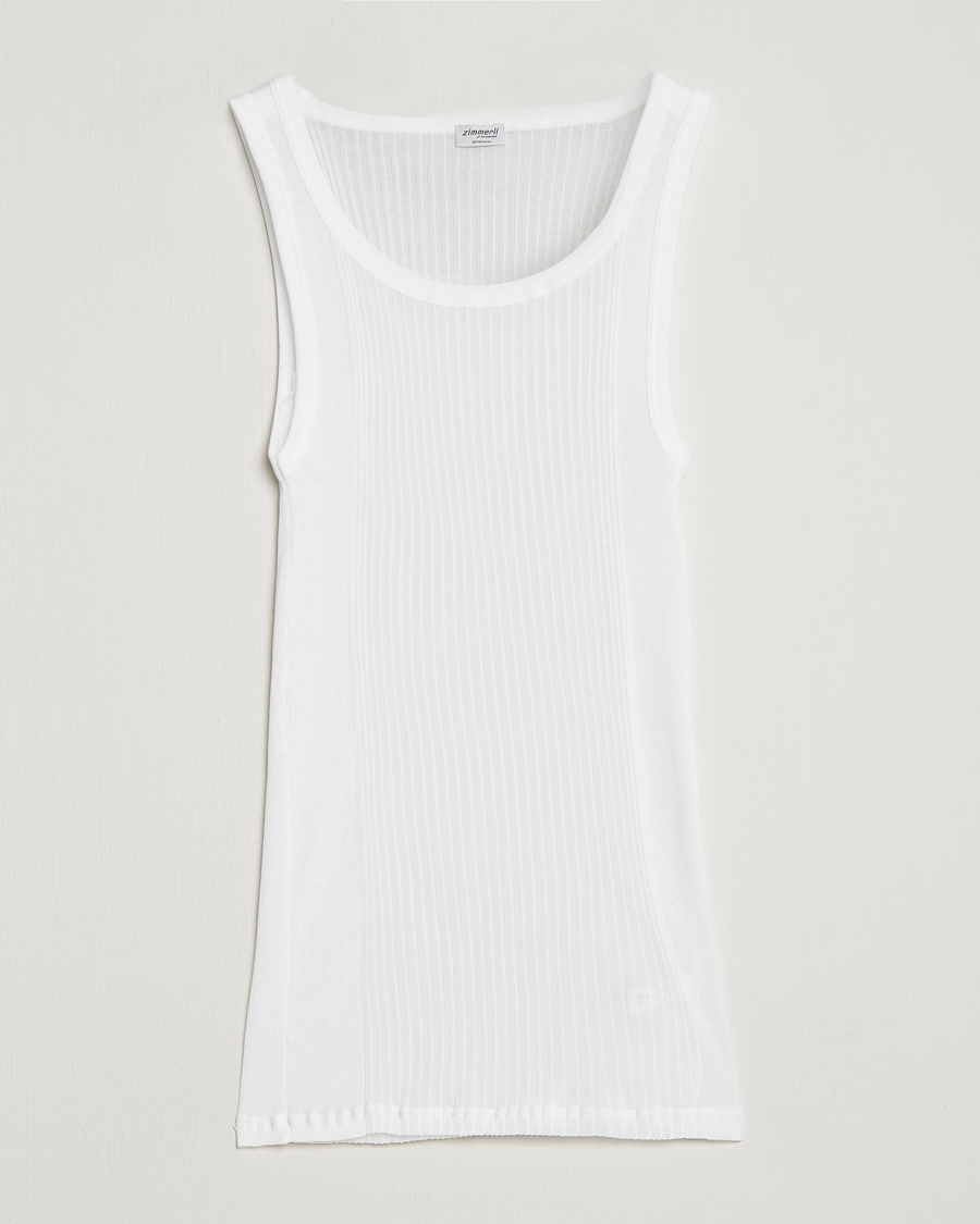 Men | Linen T-shirts | Zimmerli of Switzerland | Ribbed Mercerized Cotton Tank Top White