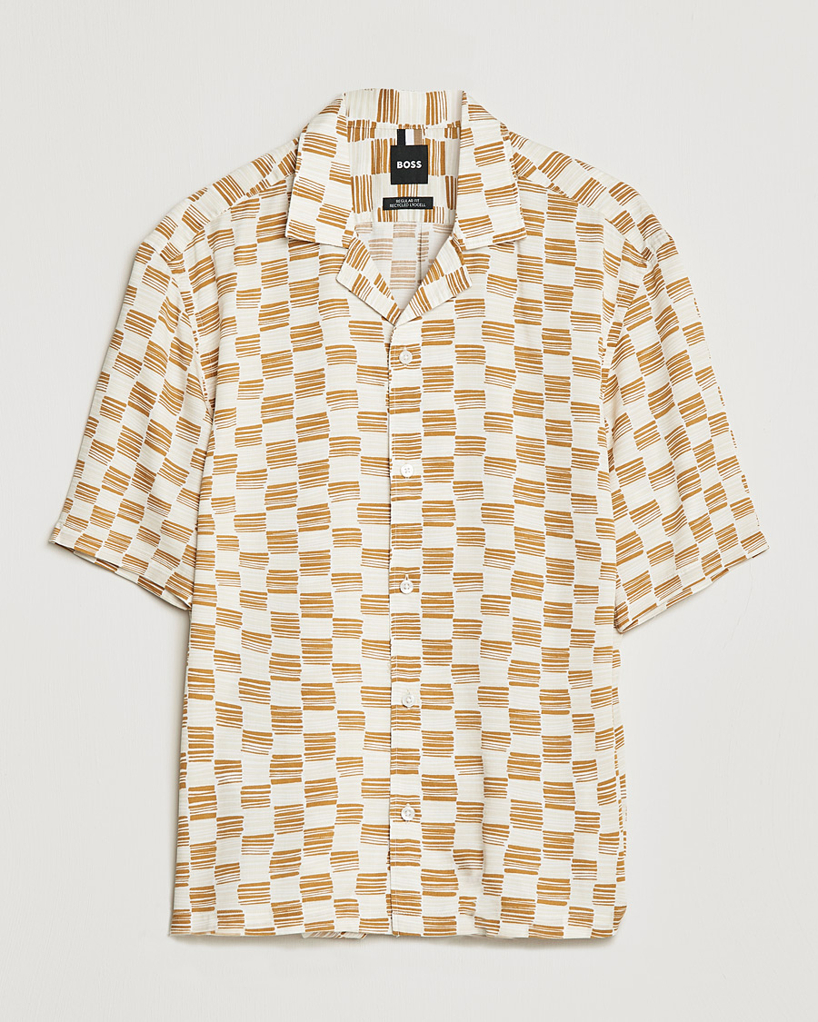 Men | Shirts | BOSS BLACK | BOSS Lars Printed Resort Collar Short Sleeve Shirt Open Beige