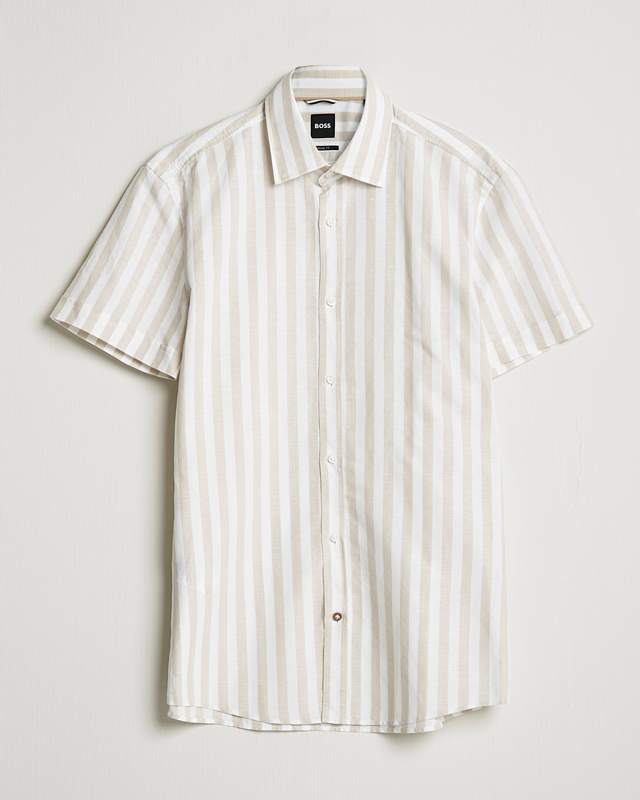 Men | Short Sleeve Shirts | BOSS | Hal Block Stripe Short Sleeve Shirt Beige/White