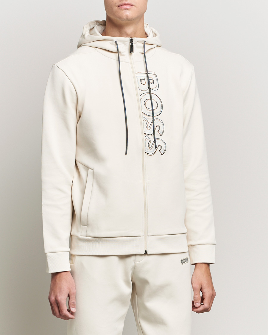 Men | Sweaters & Knitwear | BOSS GREEN | BOSS Athleisure Saggy Logo Full Zip Hoodie Open White